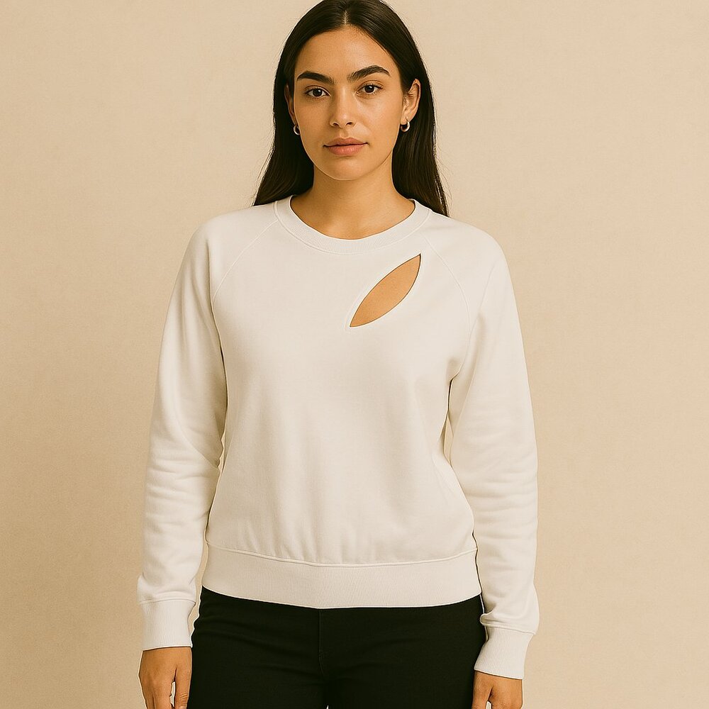 Express One Eleven Slash-Front Crisp White Long Sleeve Sweatshirt XS-XXS